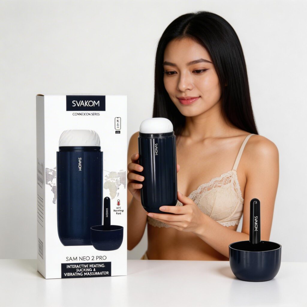 Cốc Thư Giãn Cao Cấp SVAKOM Sam Neo 2 Pro: Rung Hút - Tỏa Nhiệt Đỉnh Cao 2 Consistent studio product photography using the provided reference image, keep the EXACT same product design and the EXACT same retail packaging box design, close-up lifestyle product photography, product engineering accuracy, industrial design fidelity, manufacturing-accurate details, a white skin Vietnamese woman sitting behind a table, wearing sexy lingerie, holding the product in her hand and presenting it toward the camera, looking slightly down at the product, gentle smile, calm and confident expression, clean background, minimal luxury photography, soft lighting, focus on product, no explicit or sexual content, accurate real-life scale, correct human hand proportions, relaxed natural hand pose, product close to the lens, woman's face softly blurred in the background, product and packaging on the table, soft diffused studio lighting, shallow depth of field, photorealistic, 85mm lens Negative: cluttered background, extra objects, distorted product, warped product, plastic texture, watermark, logo errors, distorted text, misspelled words, incorrect typography, low quality render, deformed hand, distorted hand, malformed hand, mutated hand, extra fingers, missing fingers, fused fingers, long fingers, broken fingers, twisted fingers, bad anatomy hands, poorly drawn hands, duplicated fingers, extra limbs, floating hand, unnatural finger bending